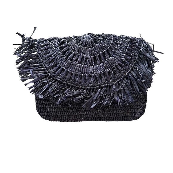 mar y sol woven straw Navy Clutch Fringe Handmade Island Vacation Tropical Bag - Picture 1 of 12